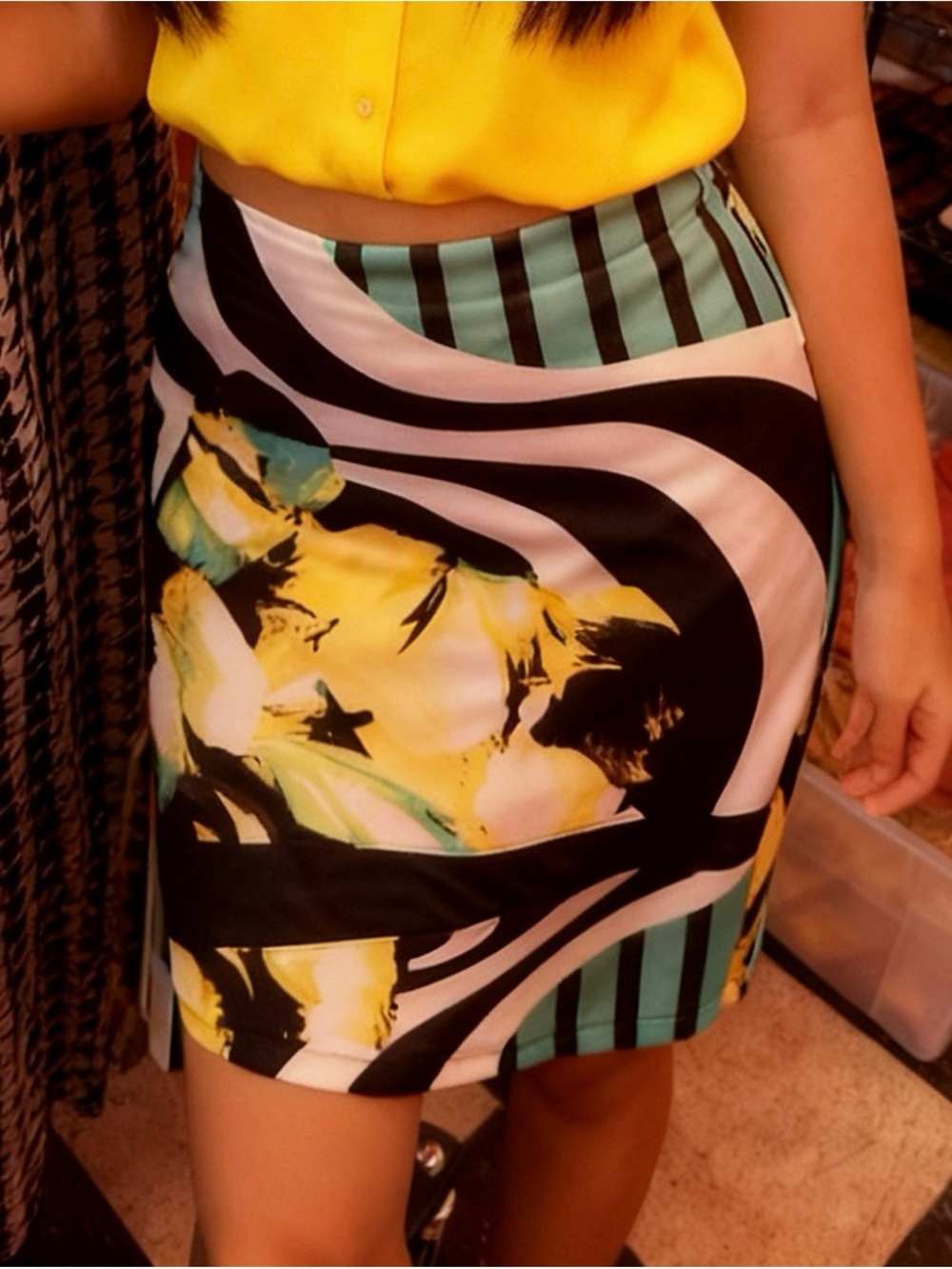 Bisou Bisou Yellow, Black & Mint Floral-Stripe Mini Skirt